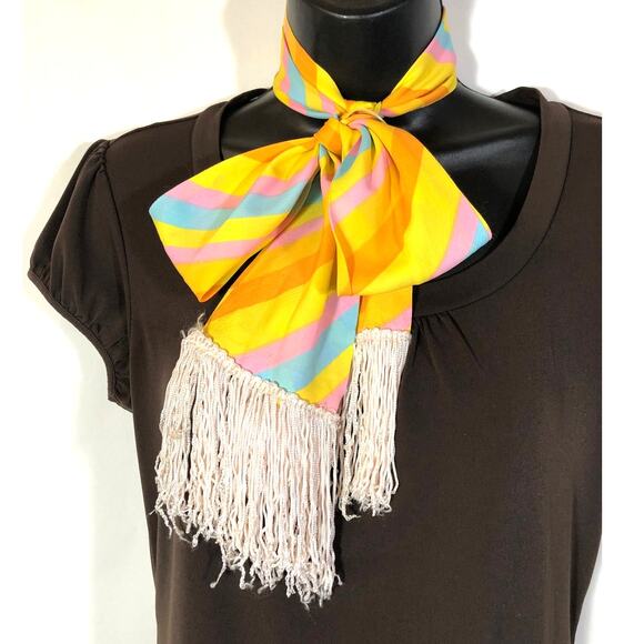 Striped Scarf in Pink Yellow Blue Orange, Retro Vintage Fringed Pastel Office - Picture 1 of 10